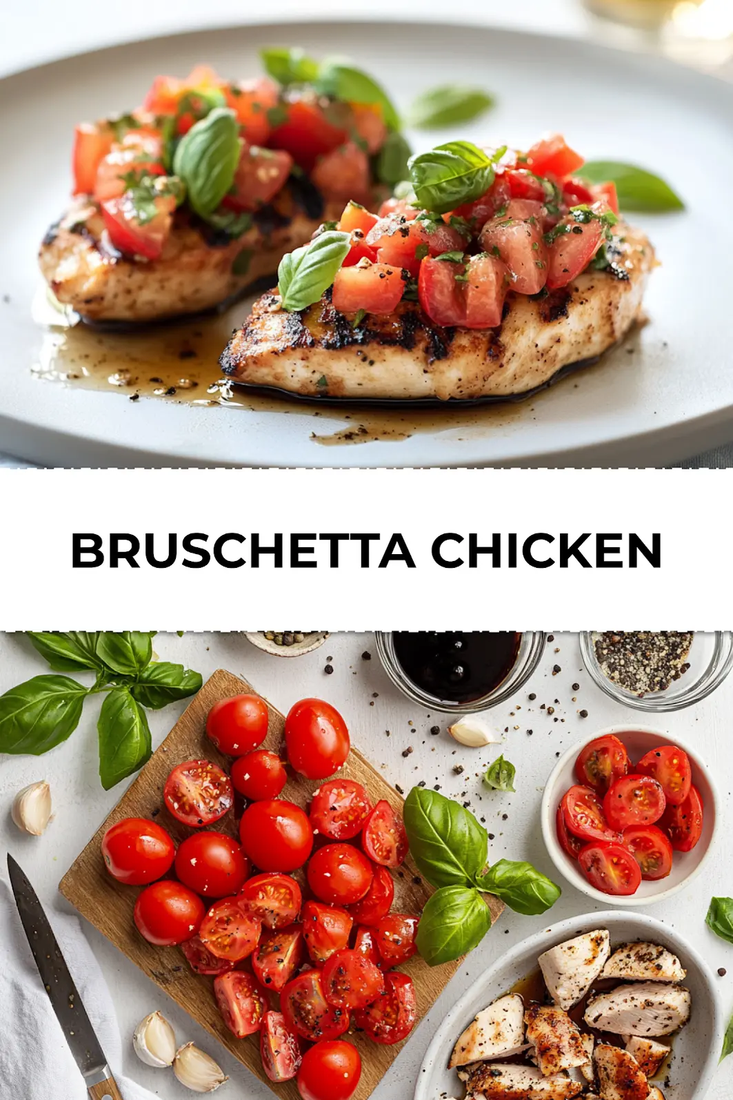 Overhead shot of Bruschetta Chicken plated with fresh basil and balsamic glaze for Pinterest