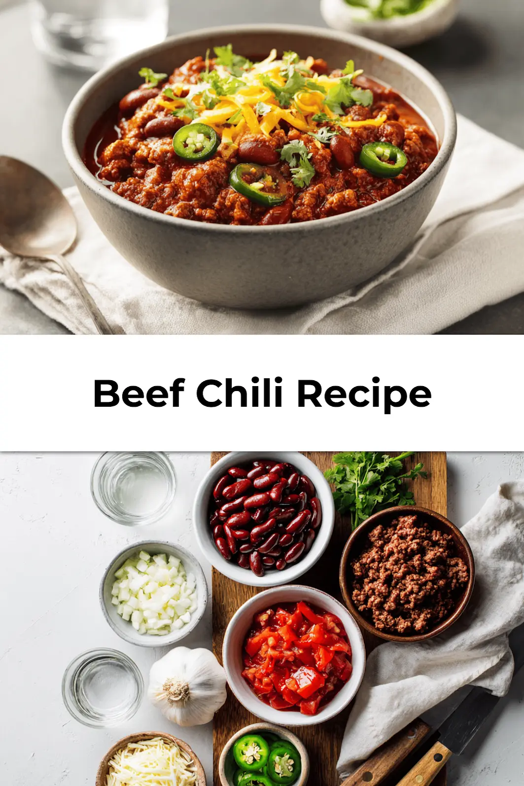 Beef chili recipe served in a bowl topped with cheese, herbs, jalapeños with napkin and spoon