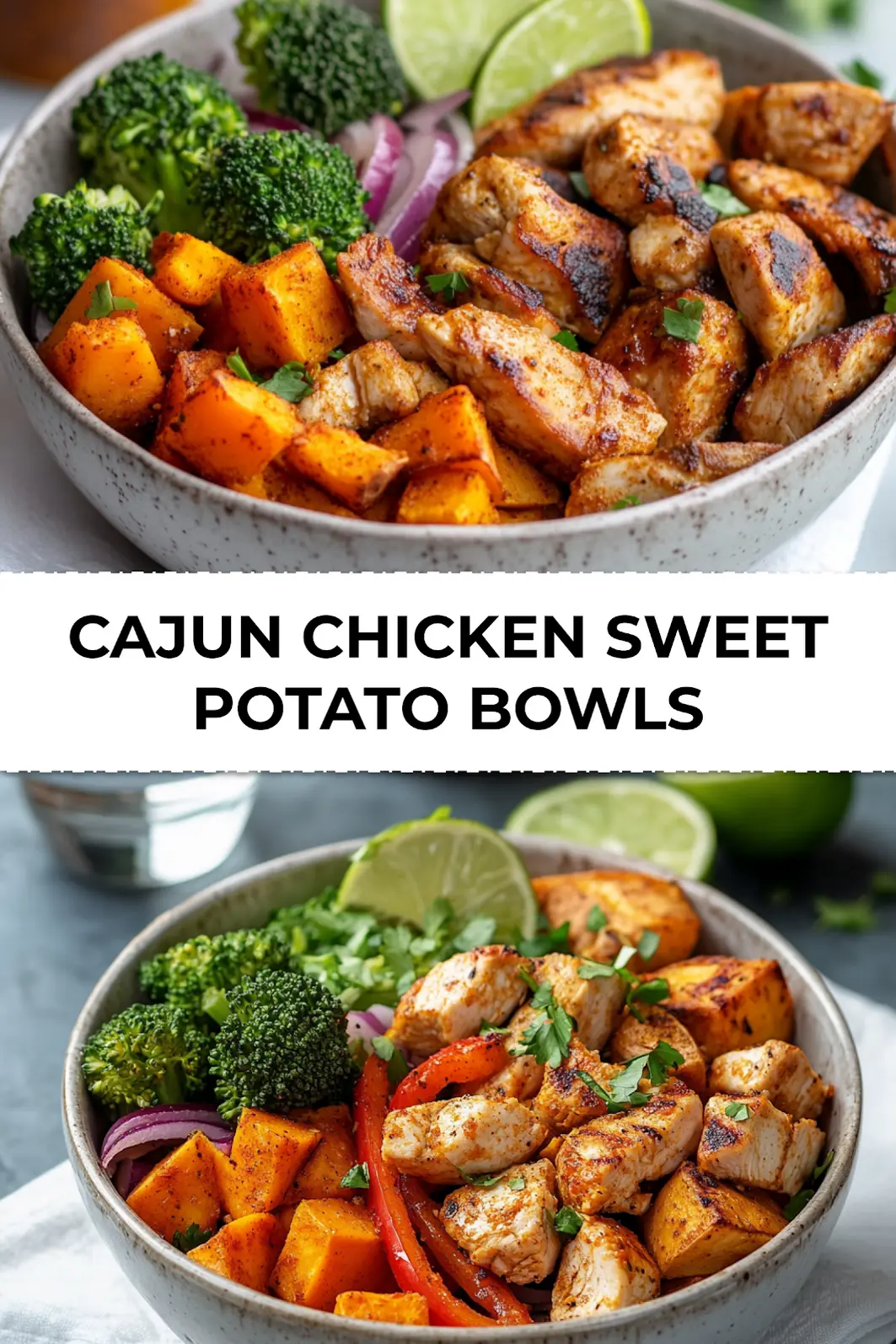 Finished Cajun Chicken Sweet Potato Bowls served in white bowl with lime wedges and cilantro garnish_pin
