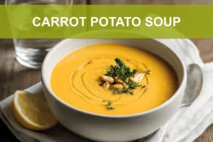 CARROT POTATO SOUP creamy bowl on white cloth with clear glass of water warm natural lighting