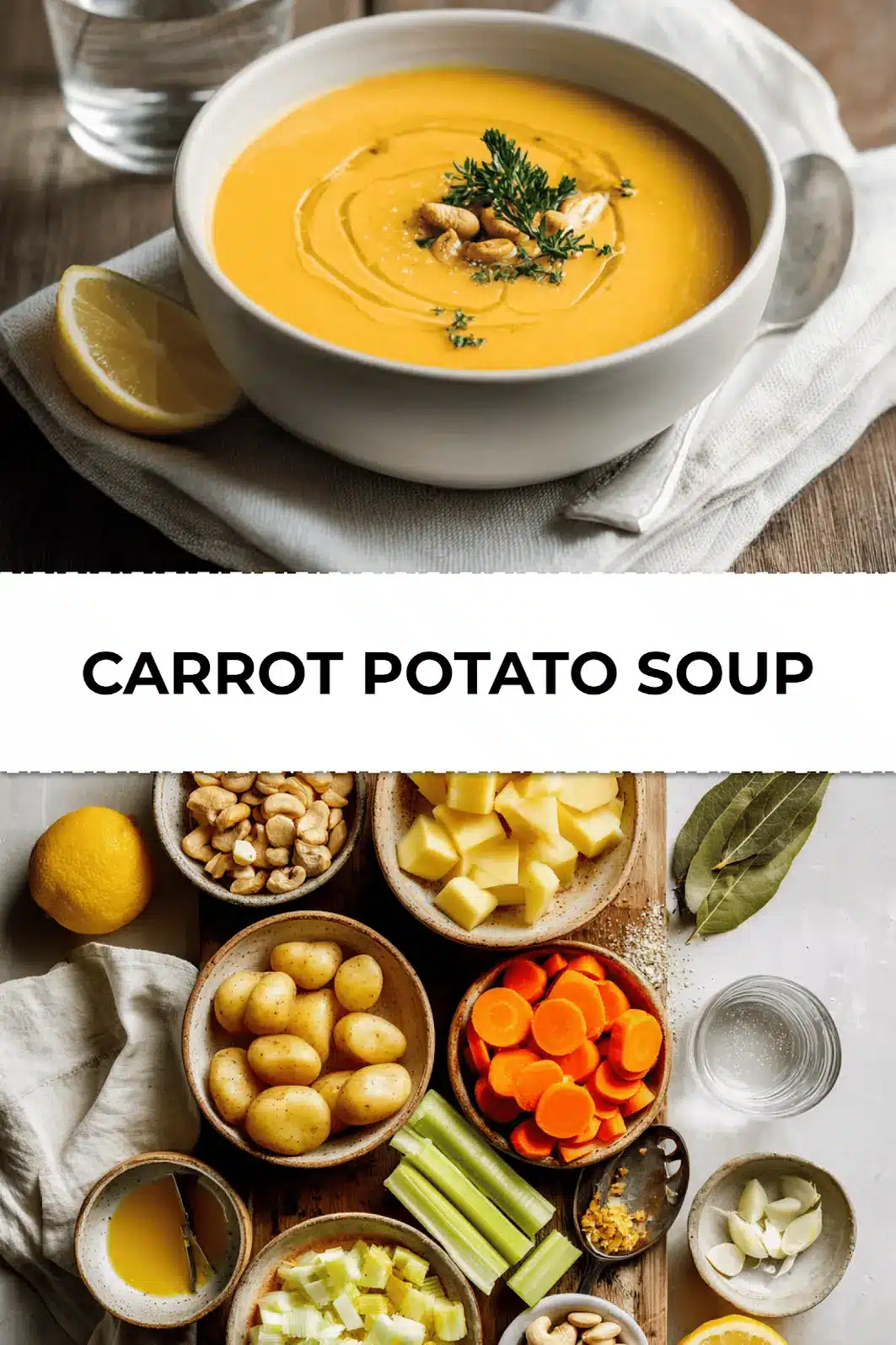Vegan Carrot Potato Soup in white bowl, creamy texture topped with herbs and black pepper, cozy kitchen vibe for Pinterest pin image