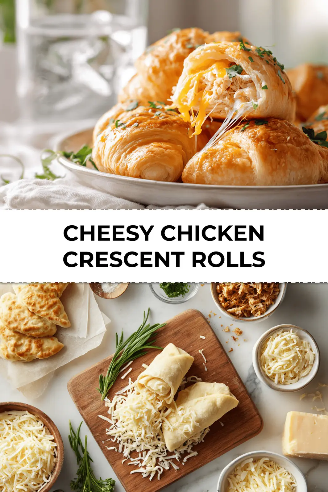 Golden baked cheesy chicken crescent rolls with melted cheddar and parsley garnish served on a tray