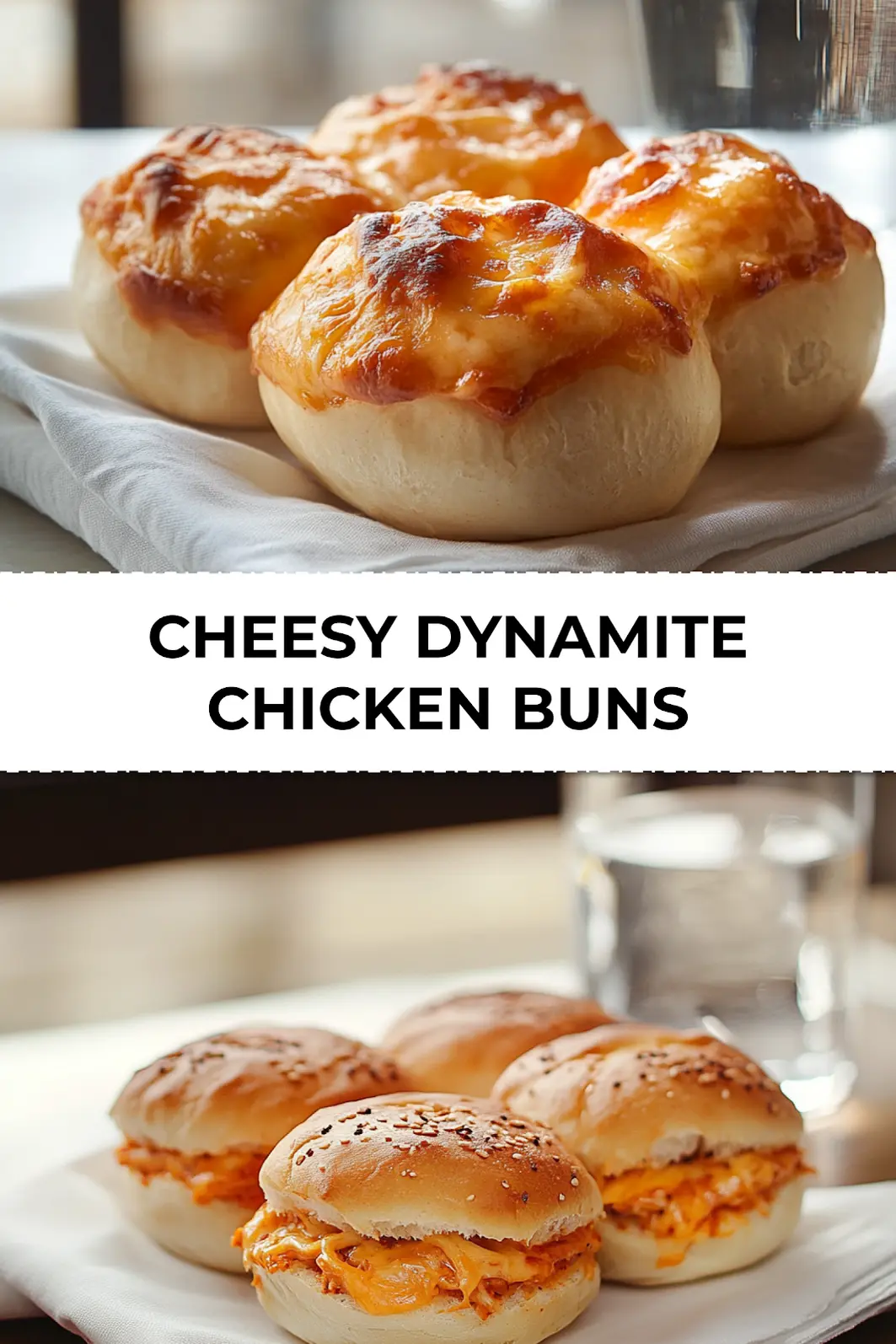 Cheesy Dynamite Chicken Buns: Easy and Irresistible! 3 Plated Cheesy Dynamite Chicken Buns cut open revealing melted cheese and chicken filling