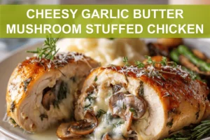 CHEESY GARLIC BUTTER MUSHROOM STUFFED CHICKEN plated with roasted vegetables and creamy mashed potatoes