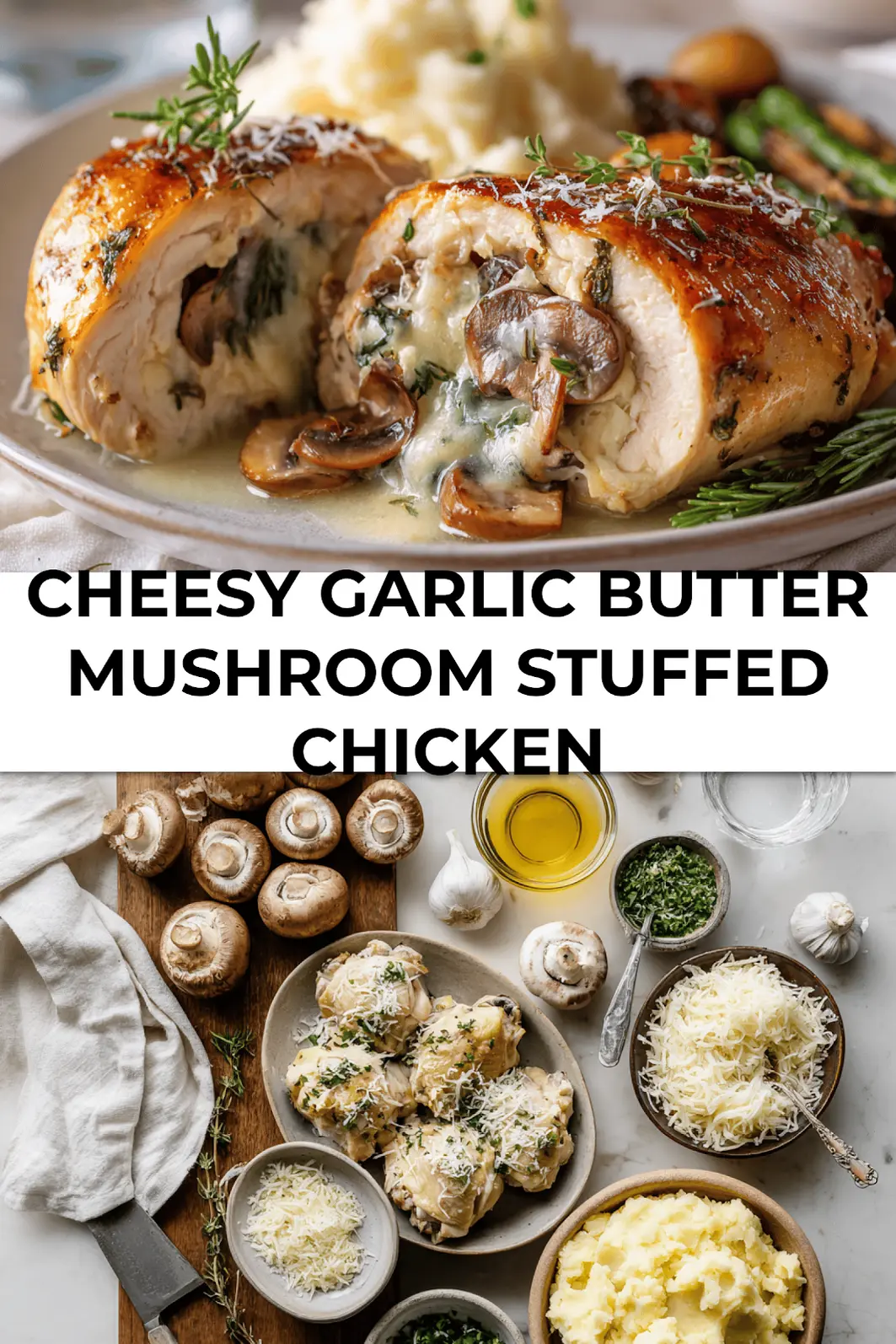 Plated Cheesy Garlic Butter Mushroom Stuffed Chicken with vegetables and mashed potatoes for Pinterest pin