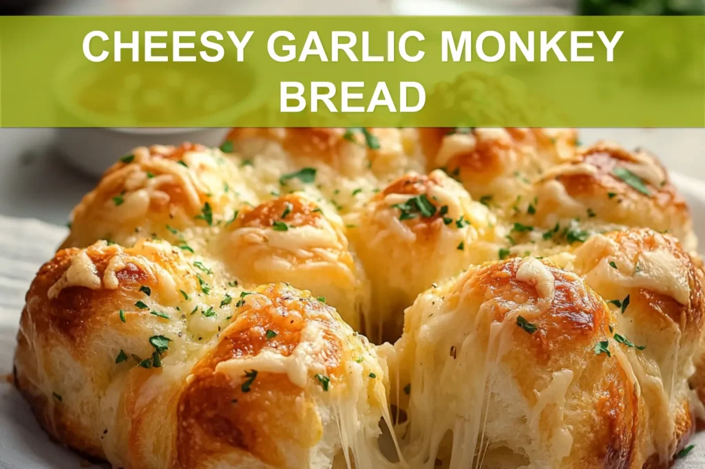 CHEESY GARLIC MONKEY BREAD golden pull apart rolls with melted cheese and fresh herbs