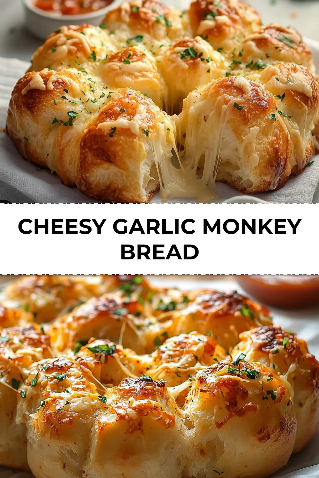 Cheesy garlic monkey bread served in a ring topped with herbs and golden melted cheese