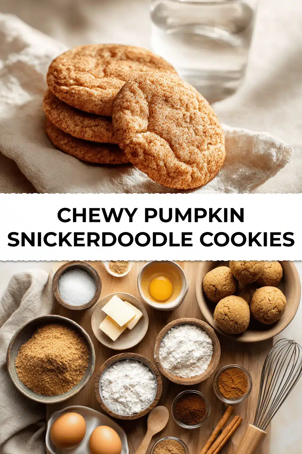 Stack of chewy pumpkin snickerdoodle cookies with crackled cinnamon-sugar surface and soft golden centers on a napkin