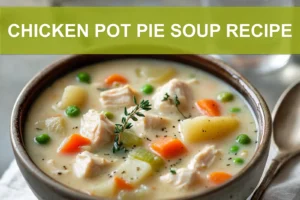 CHICKEN POT PIE SOUP RECIPE warm bowl of chicken pot pie soup with creamy vegetables and thyme