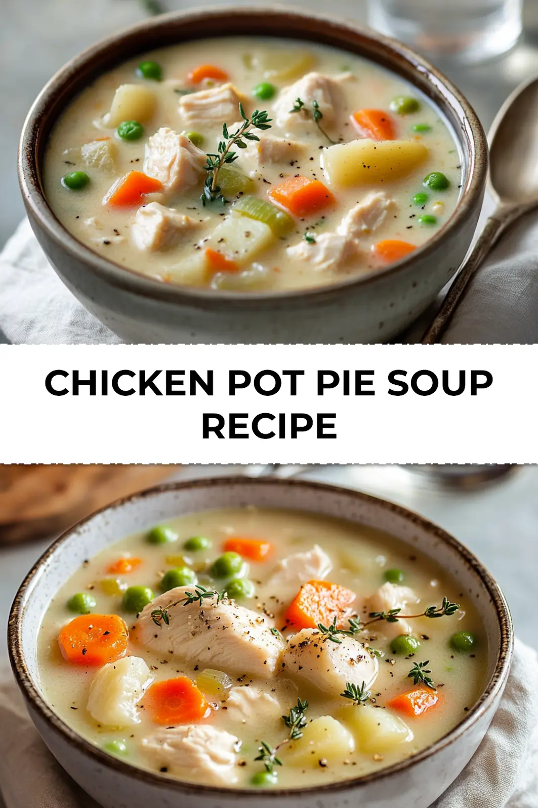 Chicken Pot Pie Soup Recipe pin image showing bowl of hearty soup with creamy chicken and vegetables and fresh thyme