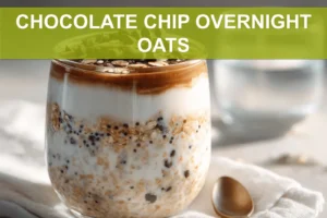 CHOCOLATE CHIP OVERNIGHT OATS creamy jar topped with vegan chips in warm natural light