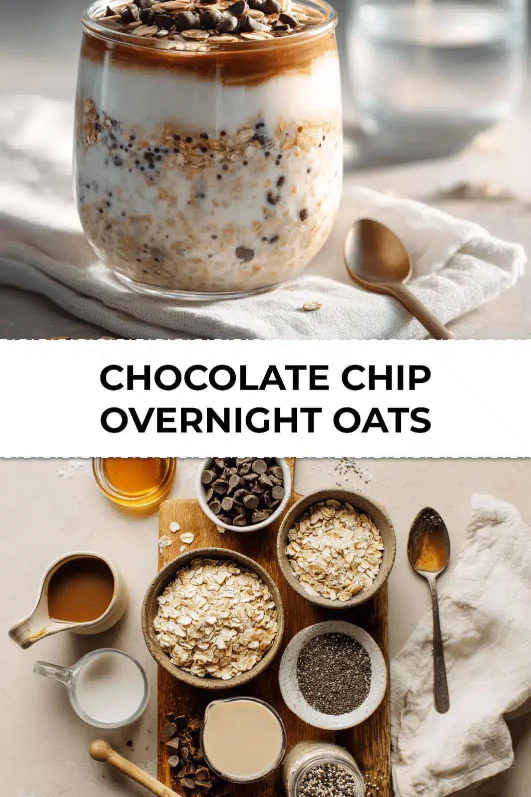 Chocolate Chip Overnight Oats in a glass jar with melted chips and cinnamon sprinkle, perfectly prepped for Pinterest