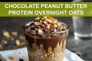 CHOCOLATE PEANUT BUTTER PROTEIN OVERNIGHT OATS in jar with peanut butter drizzle and chocolate chips
