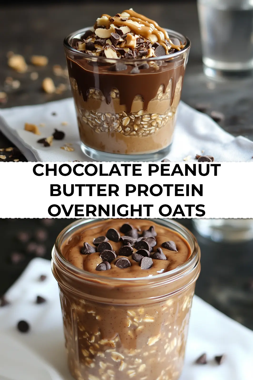 Finished chocolate peanut butter protein overnight oats in mason jar topped with chocolate chips and creamy peanut butter drizzle