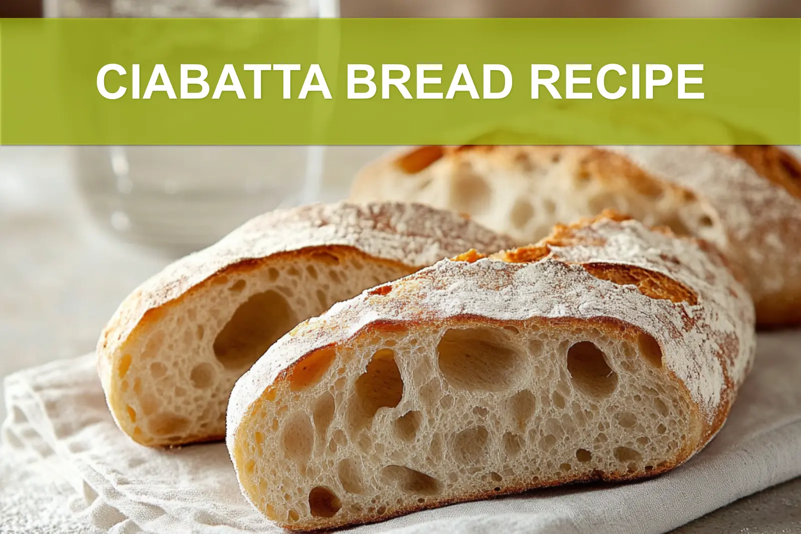 CIABATTA BREAD RECIPE artisan loaves on white napkin warm natural light appetizing close up