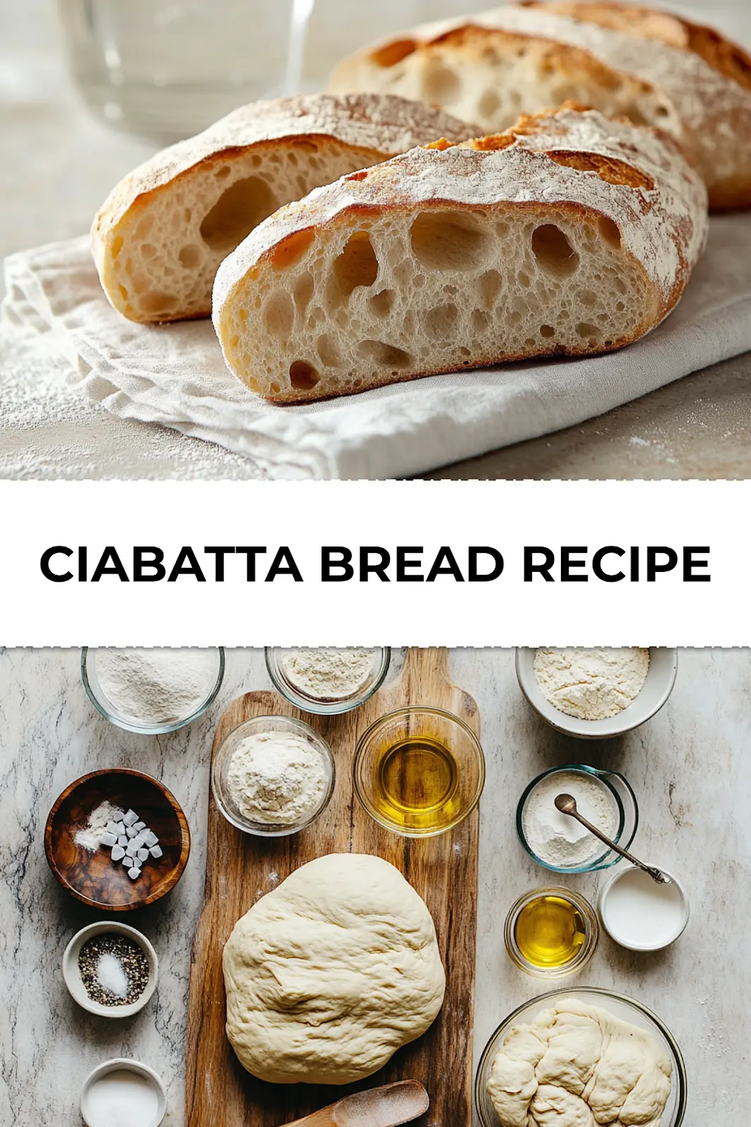 Fresh crusty ciabatta bread loaves cooling on a wire rack after baking golden brown