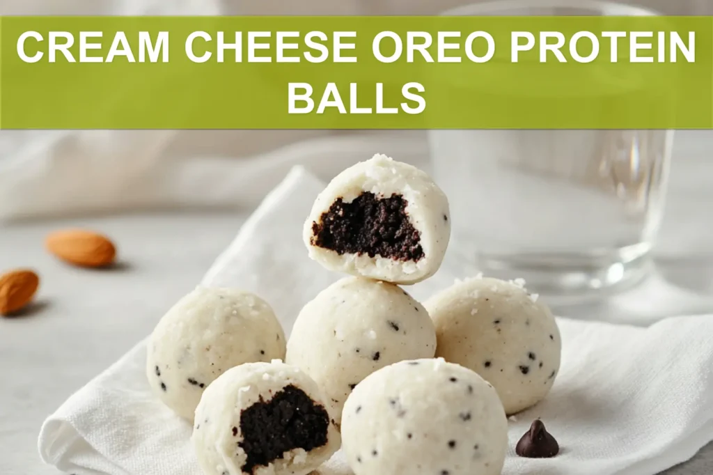 CREAM CHEESE OREO PROTEIN BALLS close up on white napkin warm natural light