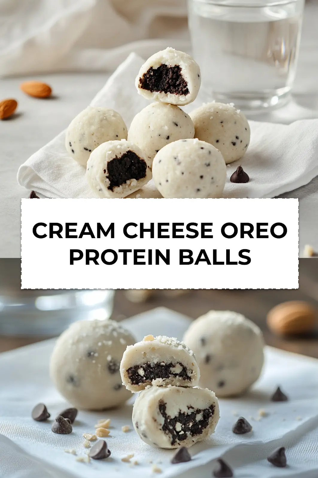 Tray of chilled Cream Cheese Oreo Protein Balls ready to serve with chocolate flavoring and protein-rich ingredients