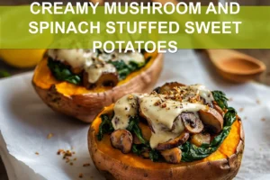 CREAMY MUSHROOM AND SPINACH STUFFED SWEET POTATOES plated with tahini drizzle lemon wedge warm rustic styling