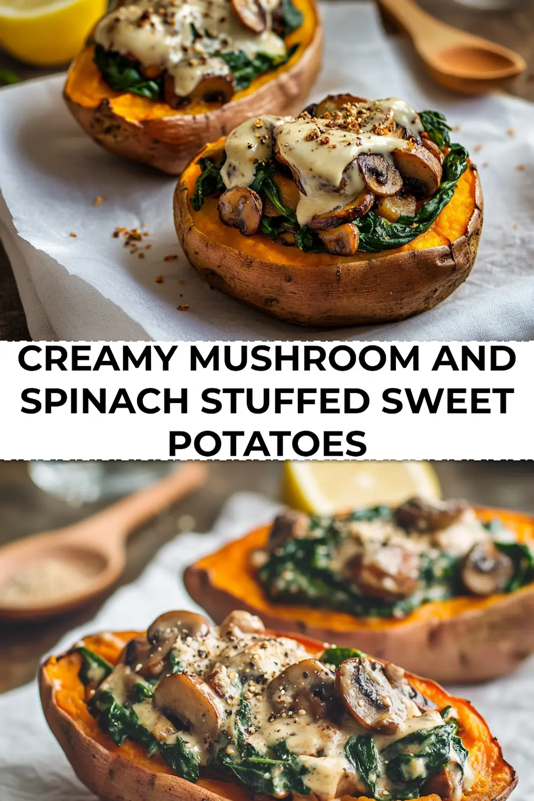 Finished creamy mushroom and spinach stuffed sweet potatoes served on a textured ceramic plate, topped with tahini drizzle and lemon zest