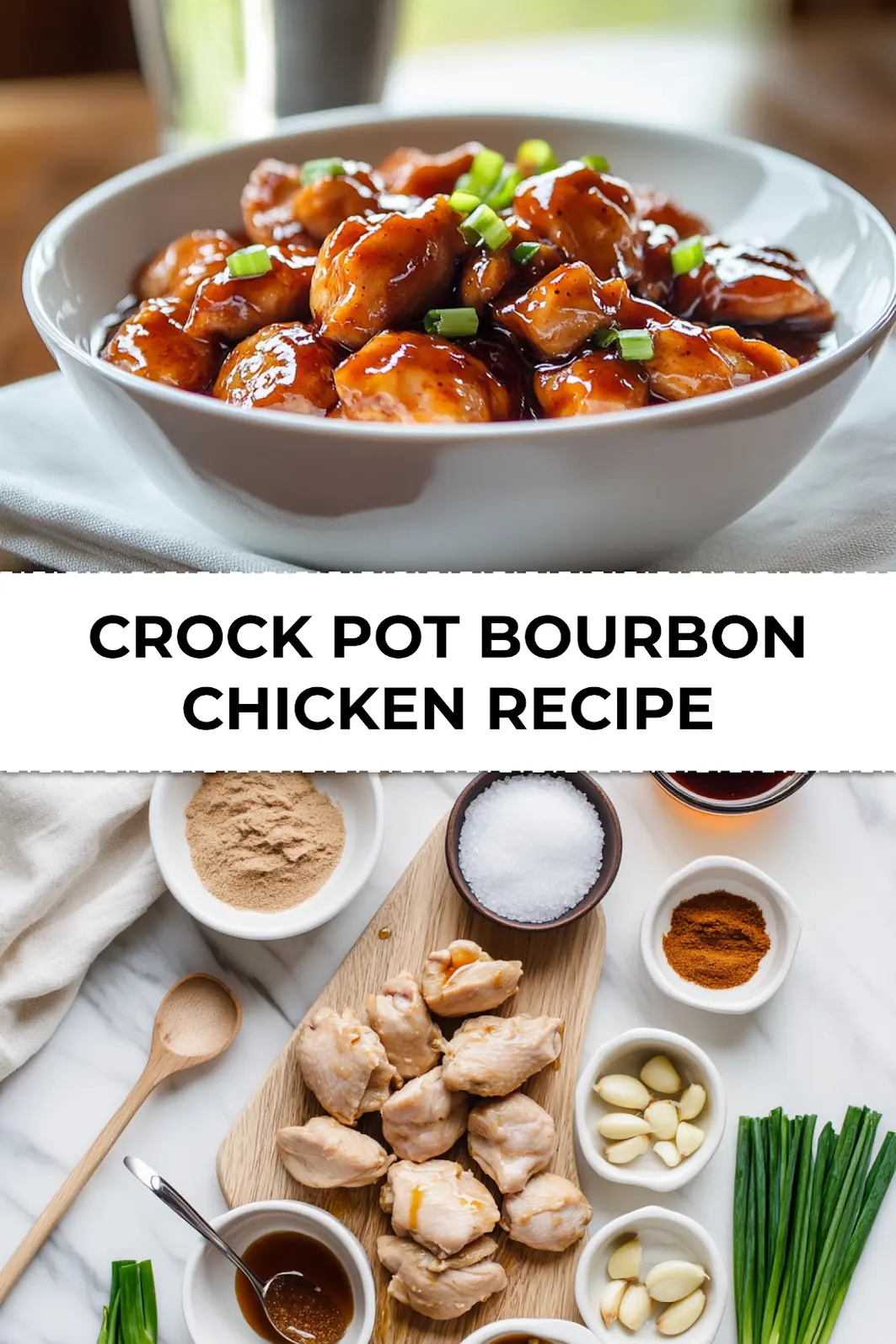 Pinterest image for Crock Pot Bourbon Chicken Recipe: sticky glazed chicken served over rice