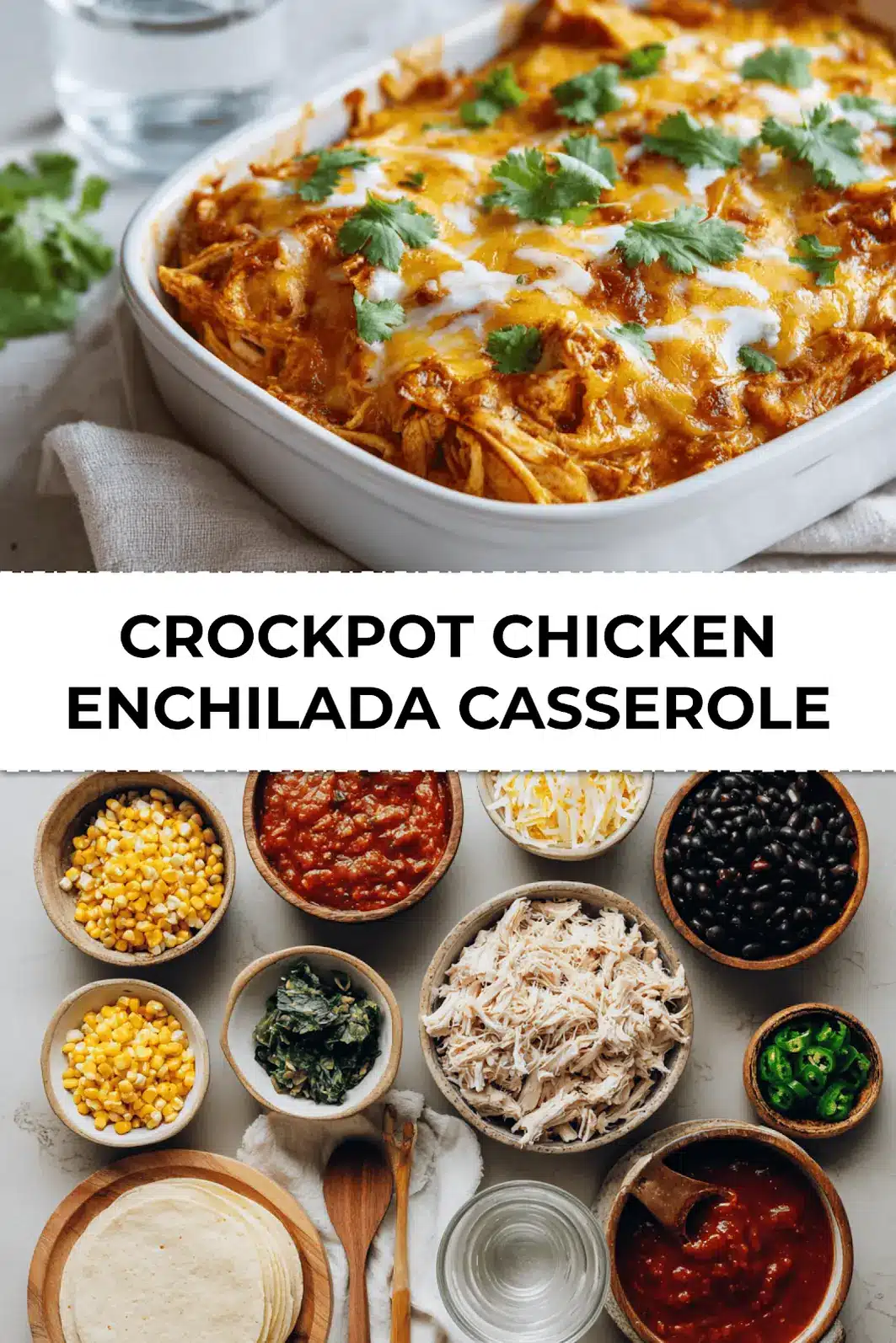 Final plated Crockpot Chicken Enchilada Casserole in white dish garnished with cilantro and lime