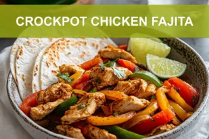 CROCKPOT CHICKEN FAJITA plated with tortillas lime wedges vibrant peppers and taco spice