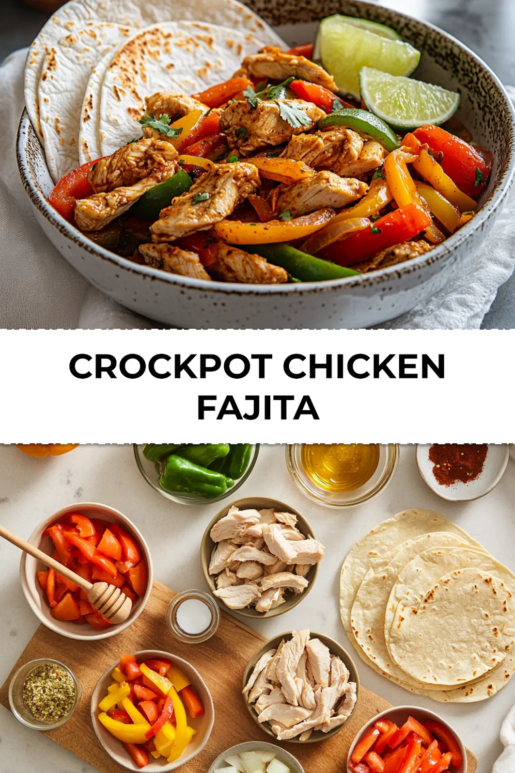 Crockpot Chicken Fajita served with warm tortillas, lime wedges, bell peppers, taco seasoning, ideal for Pinterest