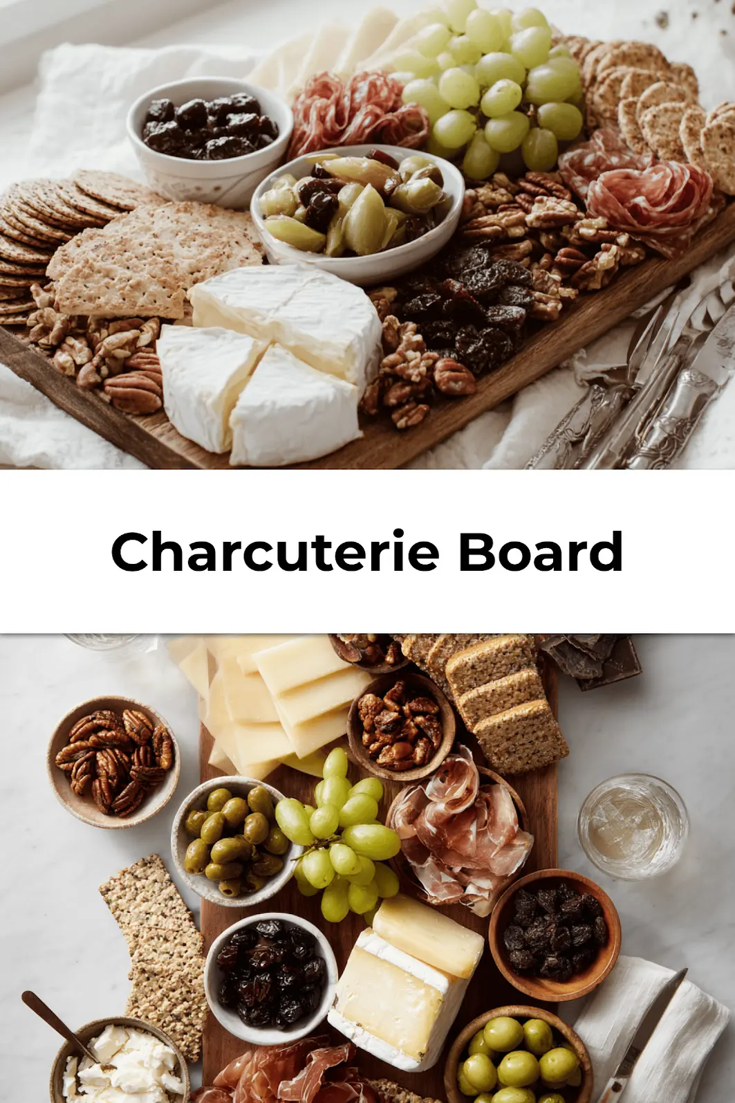 Charcuterie board idea featuring brie, crackers, figs, grapes and prosciutto styled for Pinterest