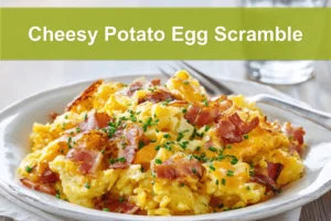 Cheesy Potato Egg Scramble plated with crispy potatoes scrambled eggs cheddar bacon and chives