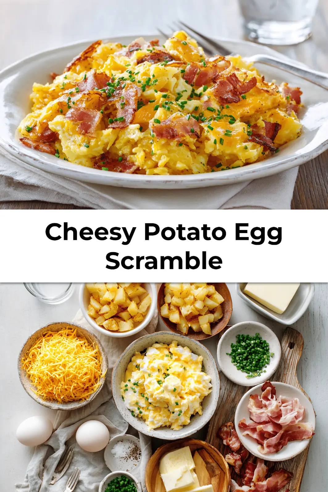 Finished Cheesy Potato Egg Scramble served in skillet with melted cheddar and fresh herbs ready for serving