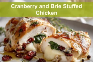 Cranberry and Brie Stuffed Chicken warm plated close up with thyme and spinach for blog header
