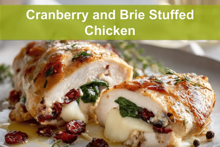 Cranberry and Brie Stuffed Chicken warm plated close up with thyme and spinach for blog header
