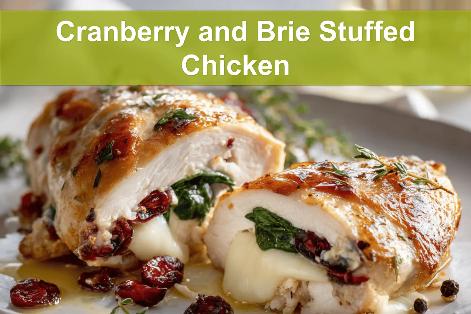 Cranberry and Brie Stuffed Chicken warm plated close up with thyme and spinach for blog header