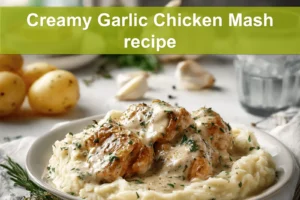 Creamy Garlic Chicken Mash recipe plated with mashed potatoes rosemary garnish warm inviting blog photo