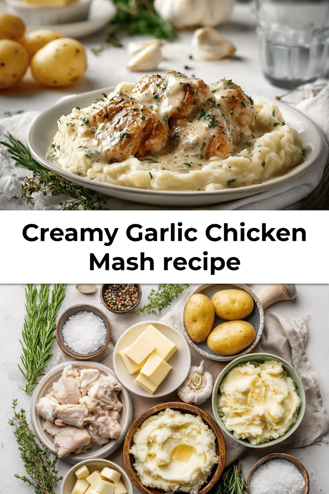 Creamy Garlic Chicken and mashed potatoes recipe pin image with garnish and cozy comfort food vibe