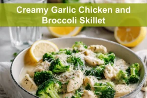Creamy Garlic Chicken and Broccoli Skillet close up with creamy sauce broccoli and rice warm tones