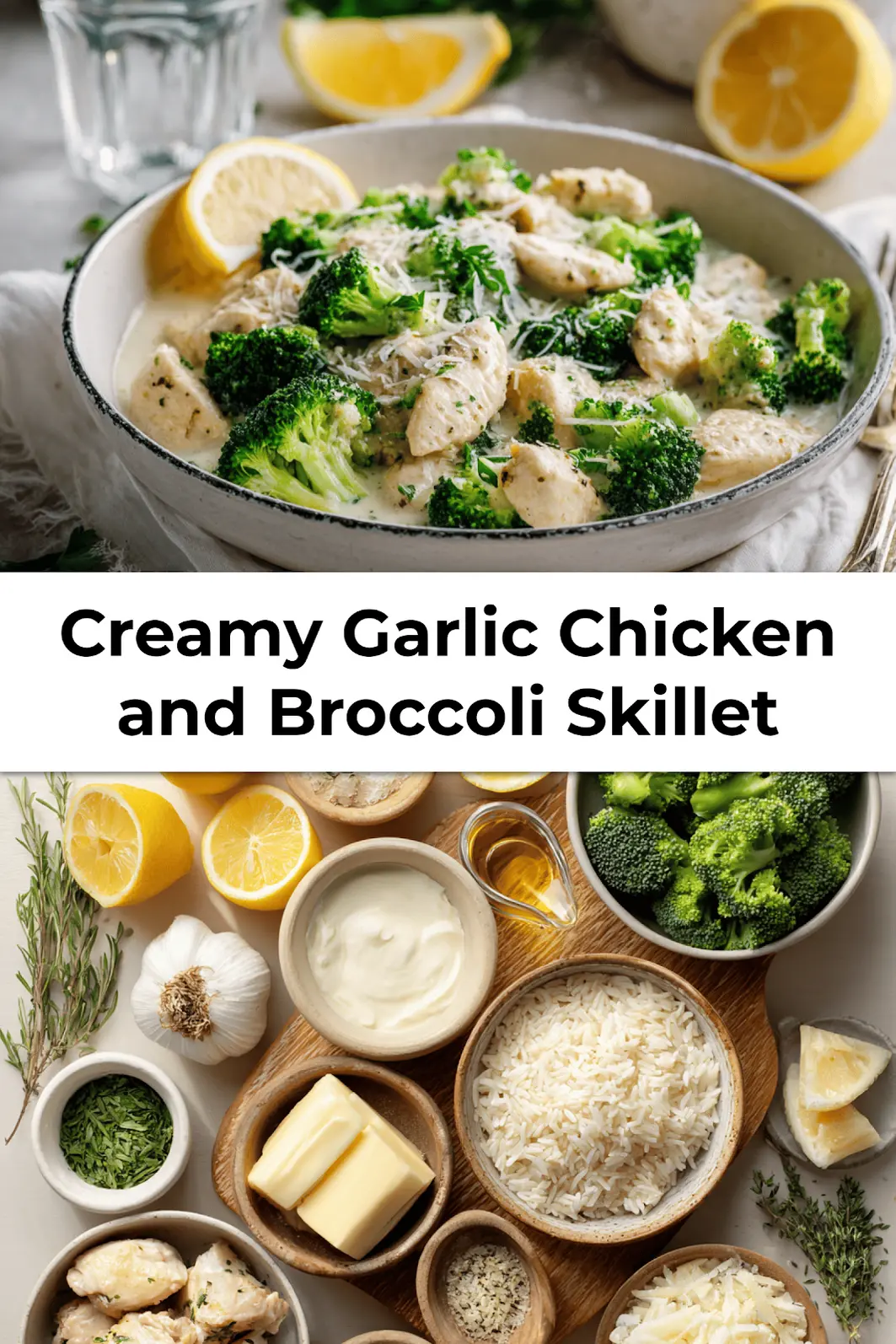 Creamy Garlic Chicken and Broccoli Skillet served in a pan with spoon creamy sauce and broccoli ready to eat