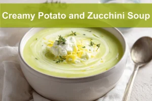 Creamy Potato and Zucchini Soup in white bowl on linen garnished with thyme and melted cheddar