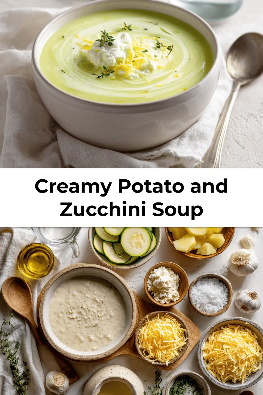 Blended creamy potato and zucchini soup in serving bowl with melted cheese and herbs on linen napkin