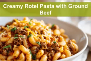 Creamy Rotel Pasta with Ground Beef plated with melted cheese and fresh herbs