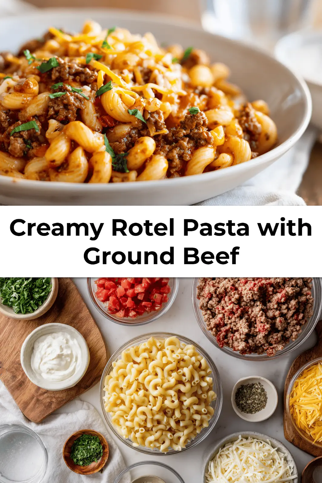 Plated Creamy Rotel Pasta with Ground Beef topped with fresh herbs and melted cheese served on a rustic plate