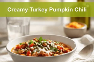 Creamy Turkey Pumpkin Chili in bowl on white napkin with glass of water