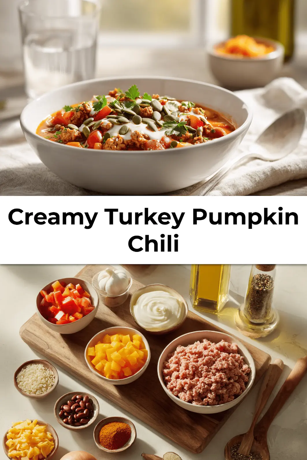 Creamy Turkey Pumpkin Chili served in white ceramic bowl with spoon and pumpkin in background