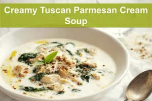 Creamy Tuscan Parmesan Cream Soup in ceramic bowl garnished with basil and grated Parmesan