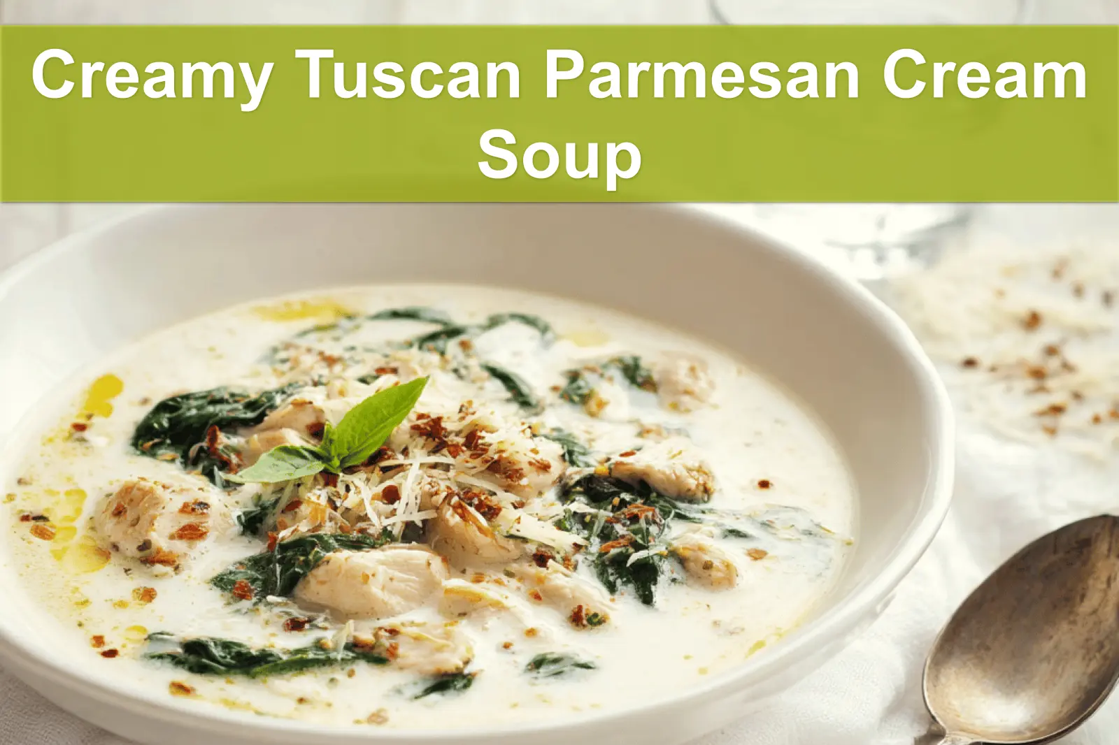 Creamy Tuscan Parmesan Cream Soup in ceramic bowl garnished with basil and grated Parmesan