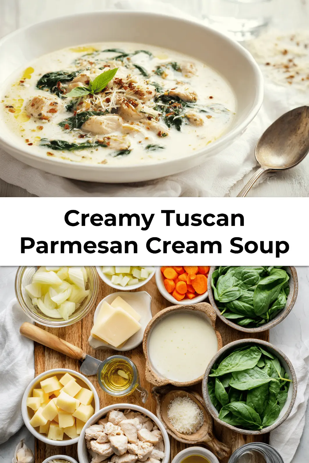 Pinterest graphic of Creamy Tuscan Parmesan Soup with basil garnish and vintage soup spoon