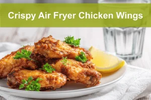 Crispy Air Fryer Chicken Wings served on white napkin with clear glass of water warm lighting