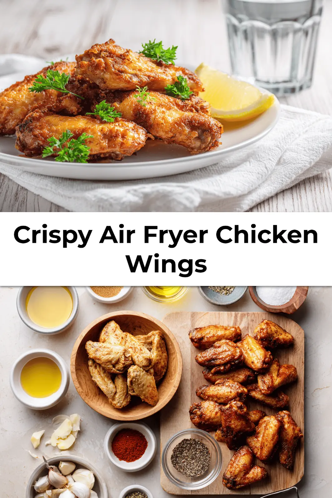 Plated Crispy Air Fryer Chicken Wings served with dipping sauce and lemon on a napkin