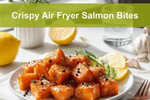 Crispy Air Fryer Salmon Bites golden cubes with lemon and herbs on white napkin